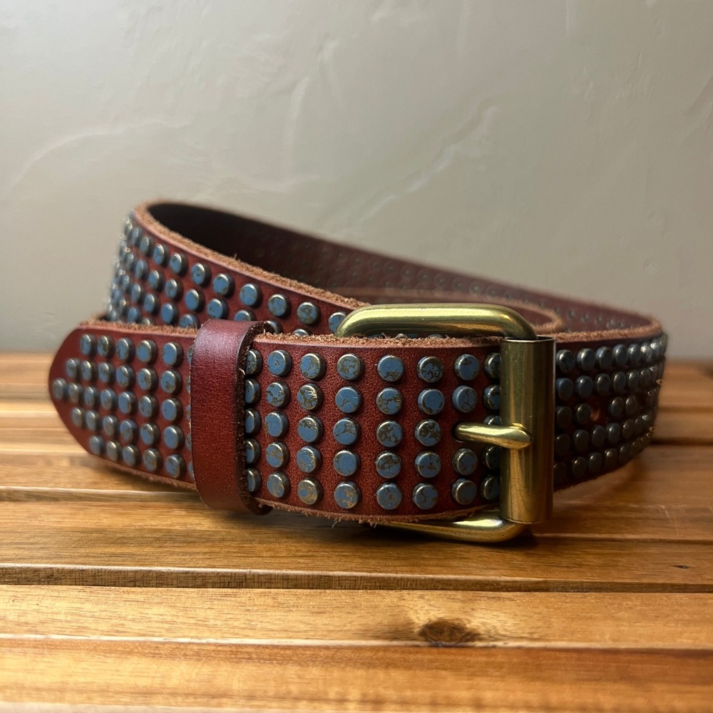 Amsterdam Heritage Brown Leather Studded Belt 35070 Turquoise Patina Size 85